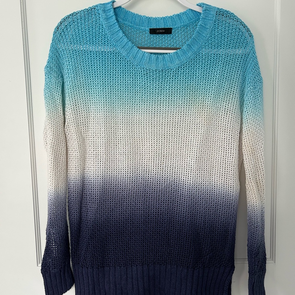 Blue, white, and purple beach sweater, size S